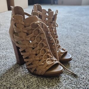 Women's Tan Lace-Up Woven High Heel Sandals
